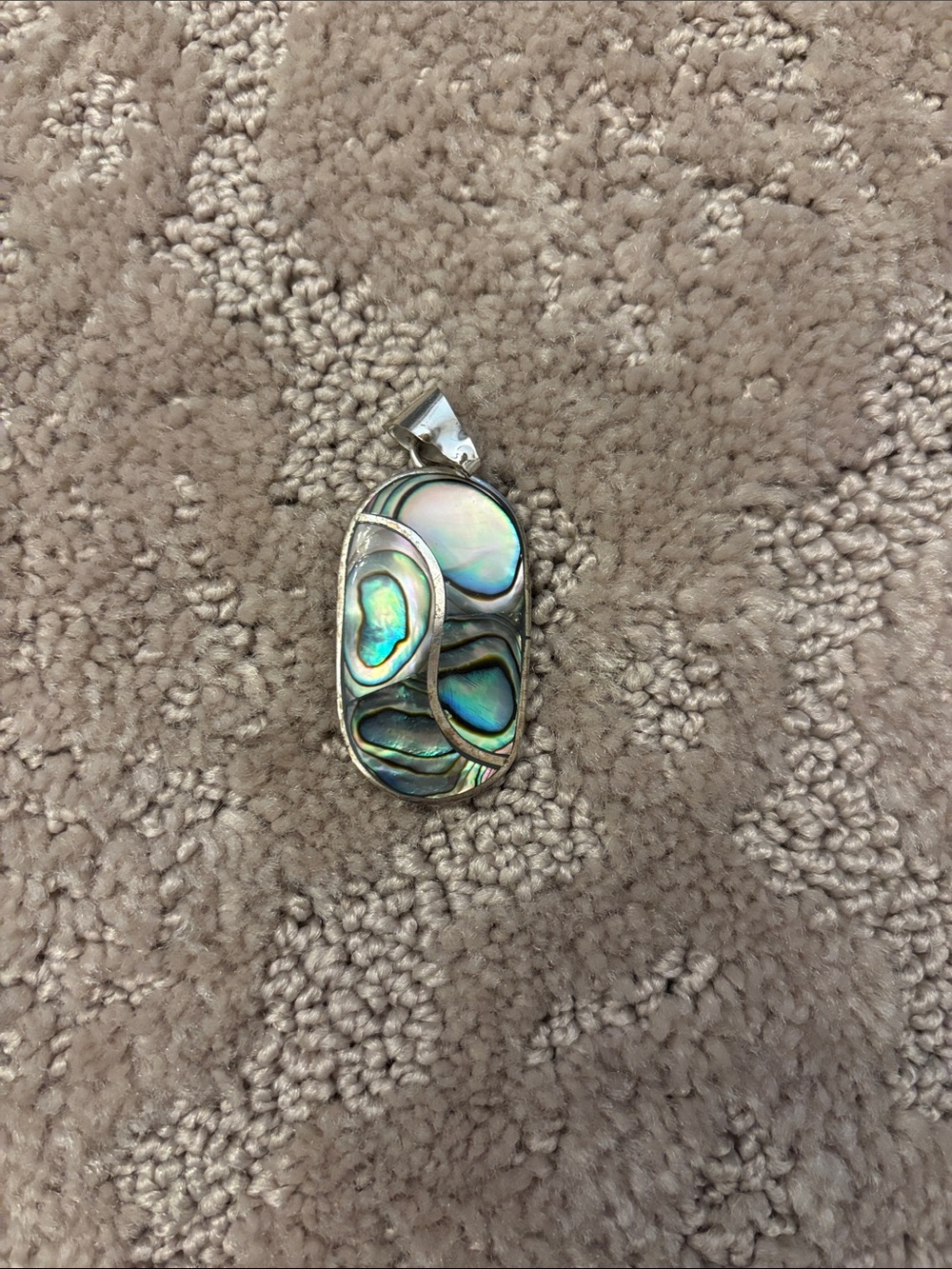 Silver Abalone Shell Oval Pendant Necklace - Iridescent Greens and Blues